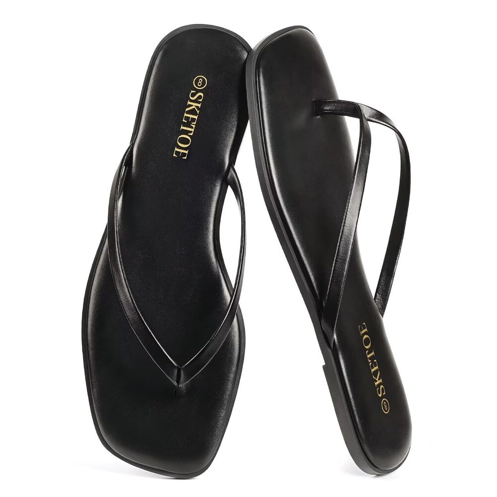 Women Square Toe Leather Flip Flops Lightweight Flat Thong Sandals Summer